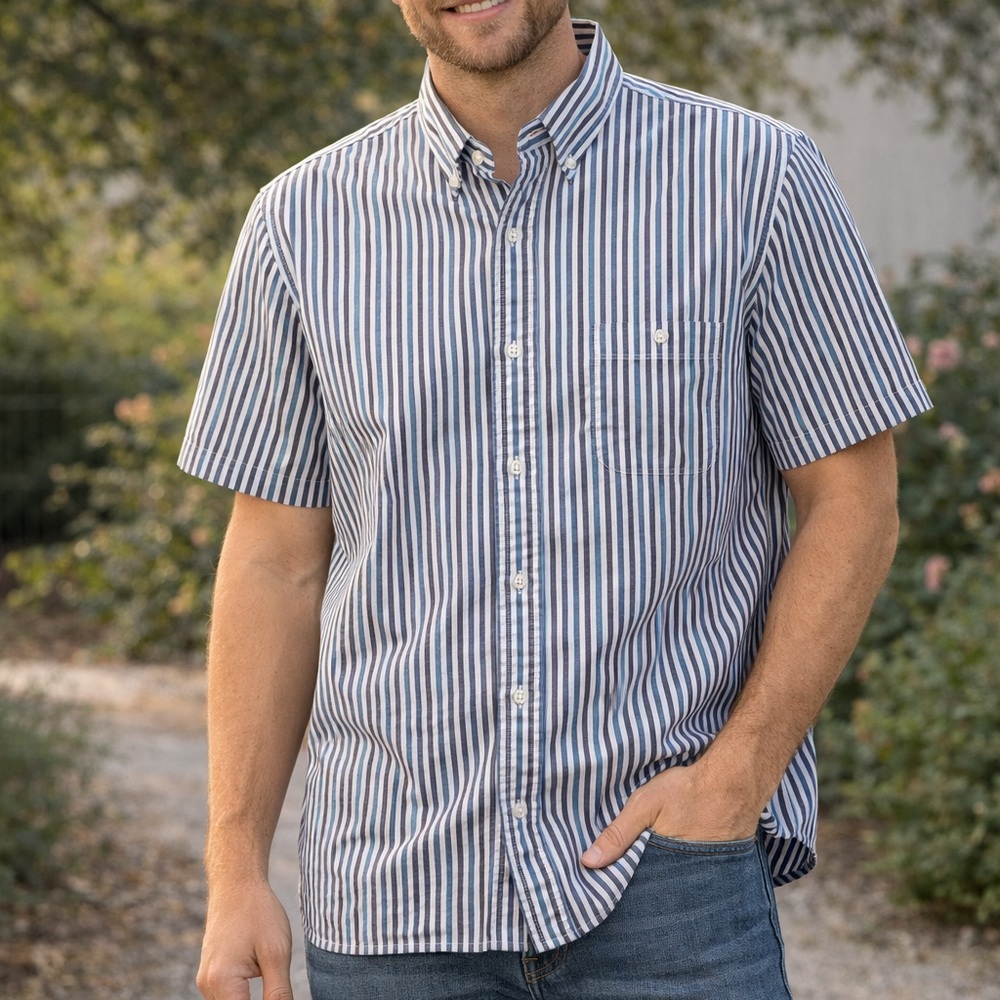 Lands' End Blue Grey and White Striped Men's Shirt